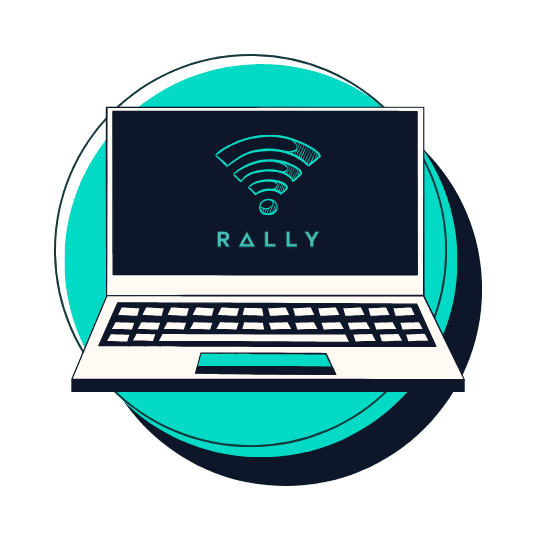 An illustration of a laptop with a WiFi symbol and the Rally logo on the screen