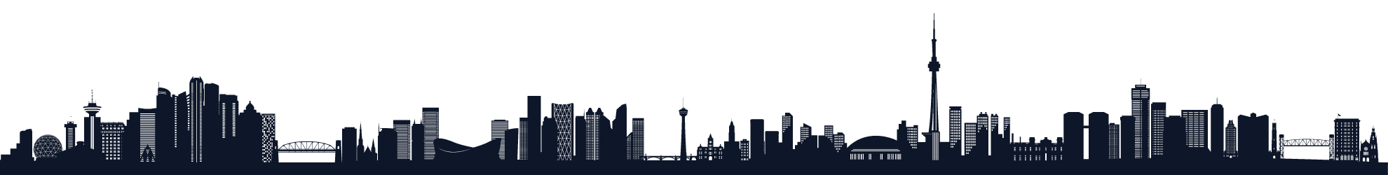 A skyline depicting cities from across Canada including Vancouver, Calgary, Edmonton, Toronto, Hamilton to illustrate regions served by Rally